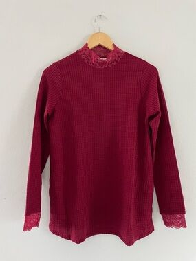 LOGO by Lori Goldstein Maroon Lace Trim Blouse